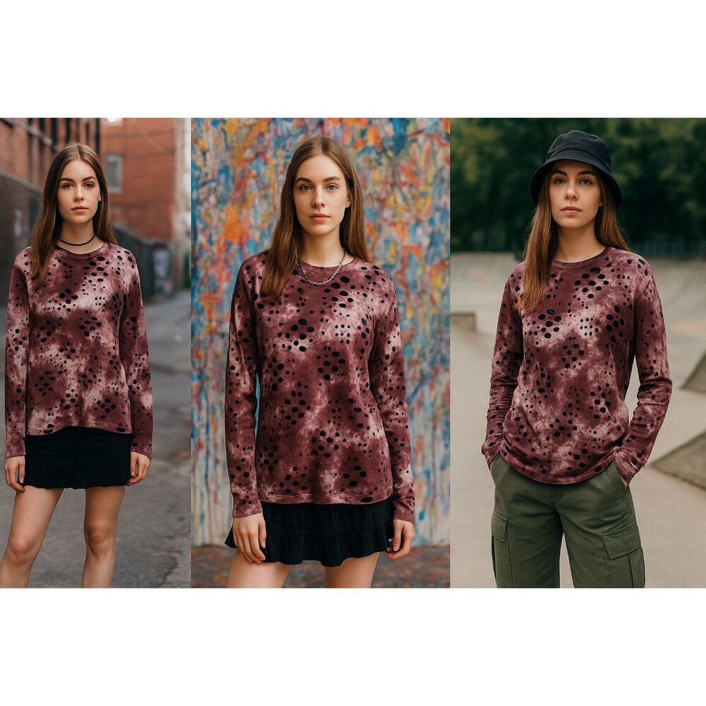 Hudson Outerwear  Womans Tie-Dye Distressed Long-Sleeve Shirt M Purple & Black